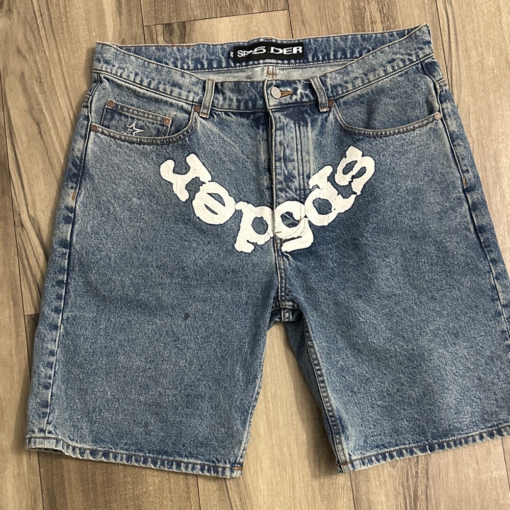 Sp5der Blue Jean Shorts with White Lettering for Men